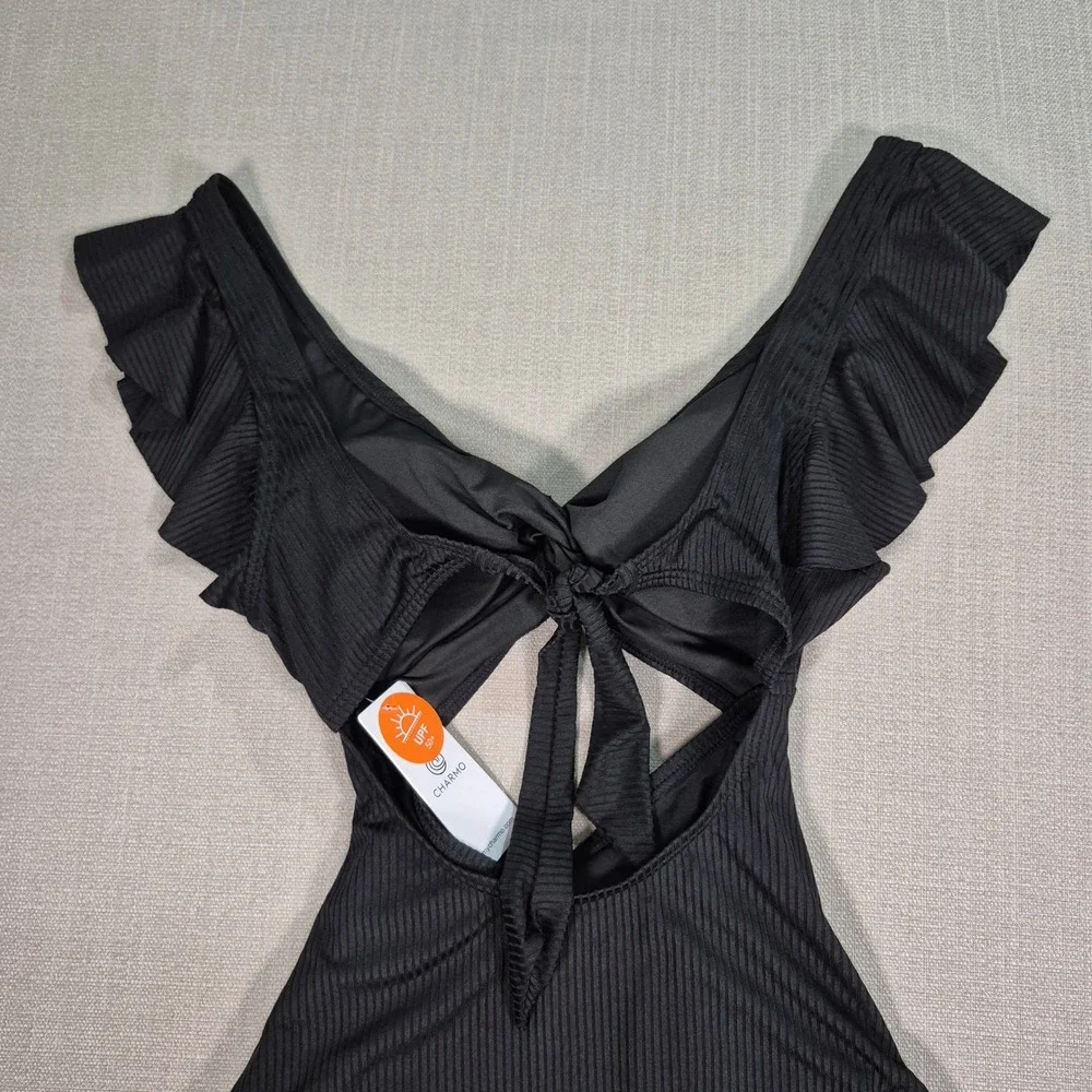 Charmo Maternity One Piece Swimsuit Black Ribbed Ruffle Cutout UPF 50 Size S NWT